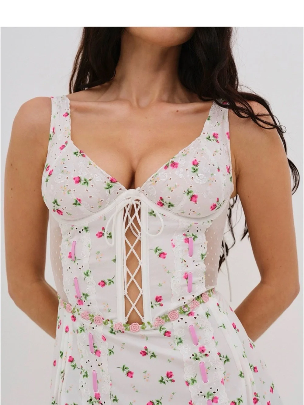 For Love And Lemons White Slip Dress with Pink Rose Embroidery - Picture 5 of 5